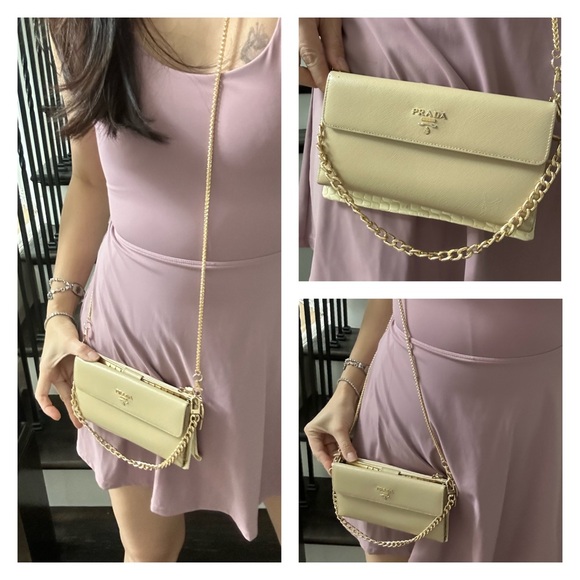 💯 PRADA Logo Beige Flap Saffiano Leather Wallet of Chain w/ auth cert - Picture 13 of 14